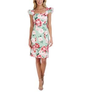 NWT Donna Ricco Sz 8 Women’s Teal Floral Printed Ruffle-Sleeve Sheath Dress $119